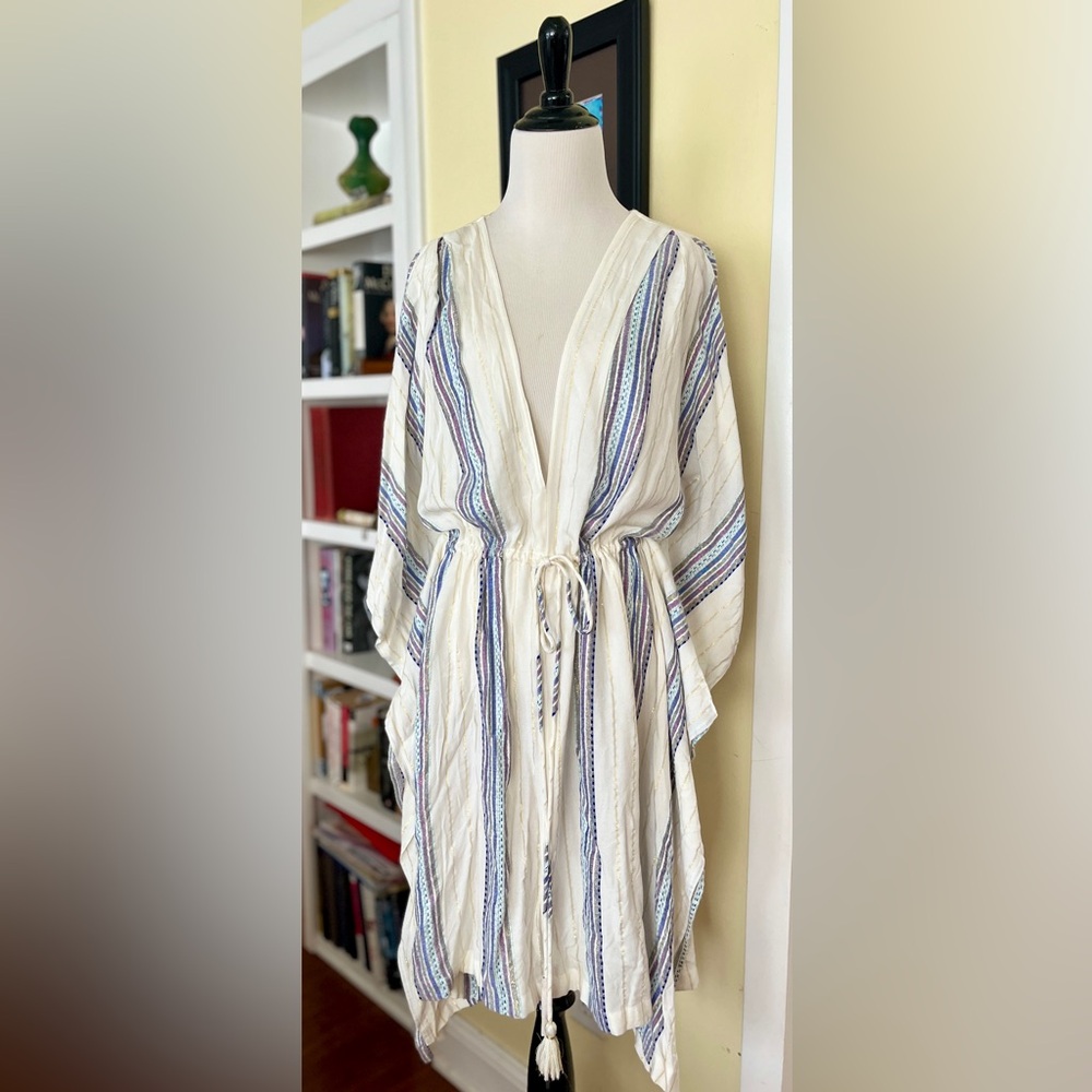 LoveStitch NWT Coverup Dress Poncho Tunic Drawstring Waist Tassles Stripe Print - Picture 3 of 8